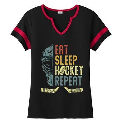 Eat Sleep Hockey Repeat Ice Hockey Retro Vintage Ladies Halftime Notch Neck Tee