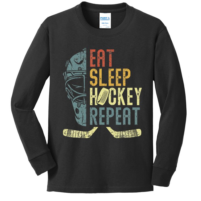 Eat Sleep Hockey Repeat Ice Hockey Retro Vintage Kids Long Sleeve Shirt