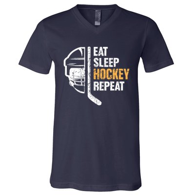 Eat Sleep Hockey Repeat Hockey Funny Ice Hockey V-Neck T-Shirt