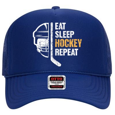 Eat Sleep Hockey Repeat Hockey Funny Ice Hockey High Crown Mesh Back Trucker Hat