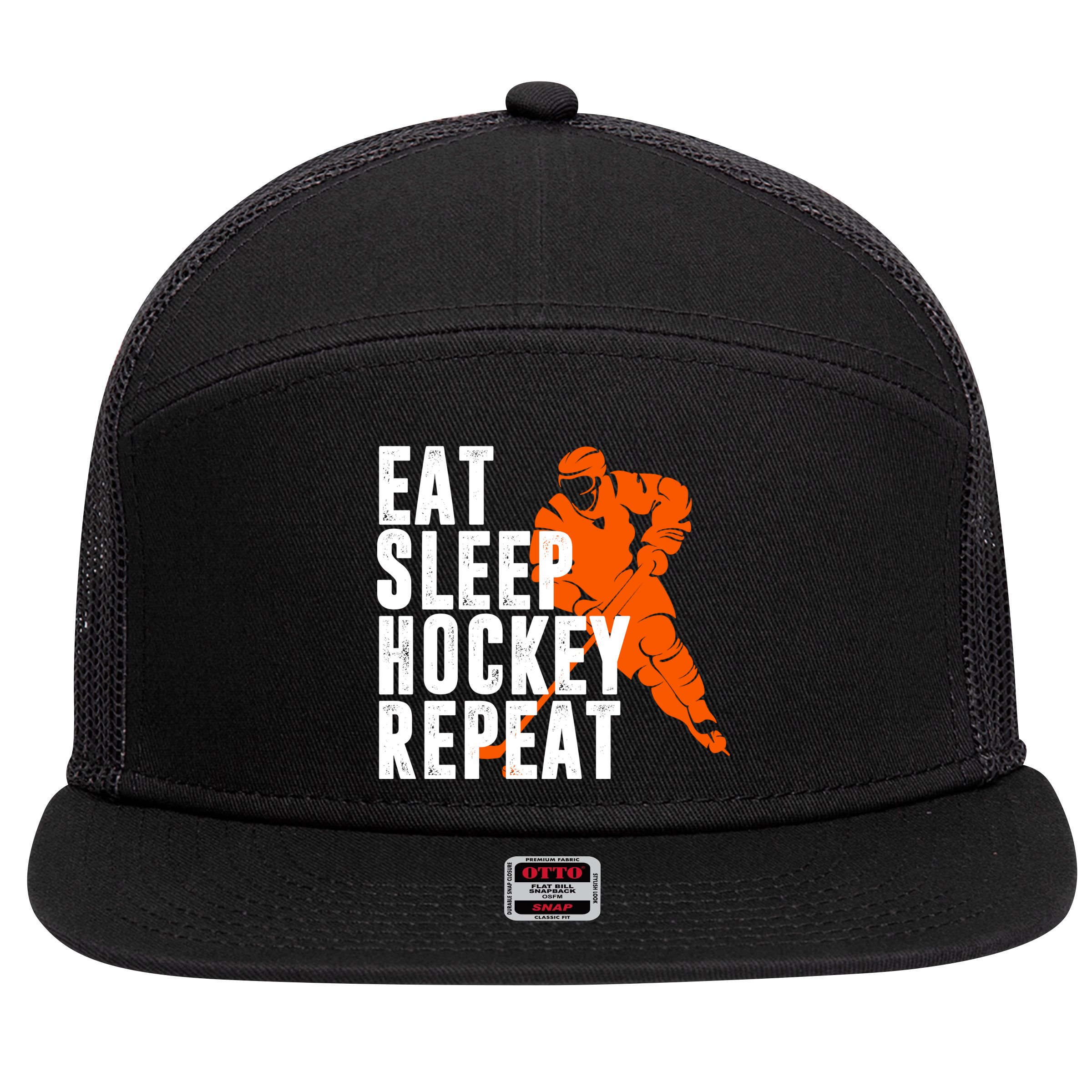 Eat Sleep Hockey Repeat 7 Panel Mesh Trucker Snapback Hat