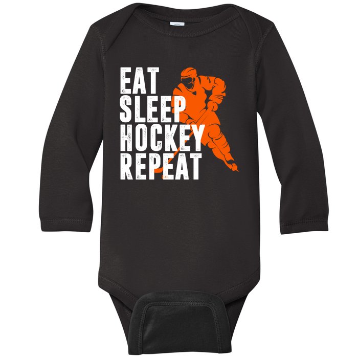 Eat Sleep Hockey Repeat Baby Long Sleeve Bodysuit