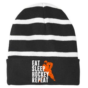 Eat Sleep Hockey Repeat Striped Beanie with Solid Band