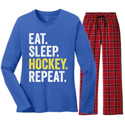 Eat Sleep Hockey Repeat Ice Hockey Fan Gift Women's Long Sleeve Flannel Pajama Set 