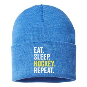 Eat Sleep Hockey Repeat Ice Hockey Fan Gift Sustainable Knit Beanie