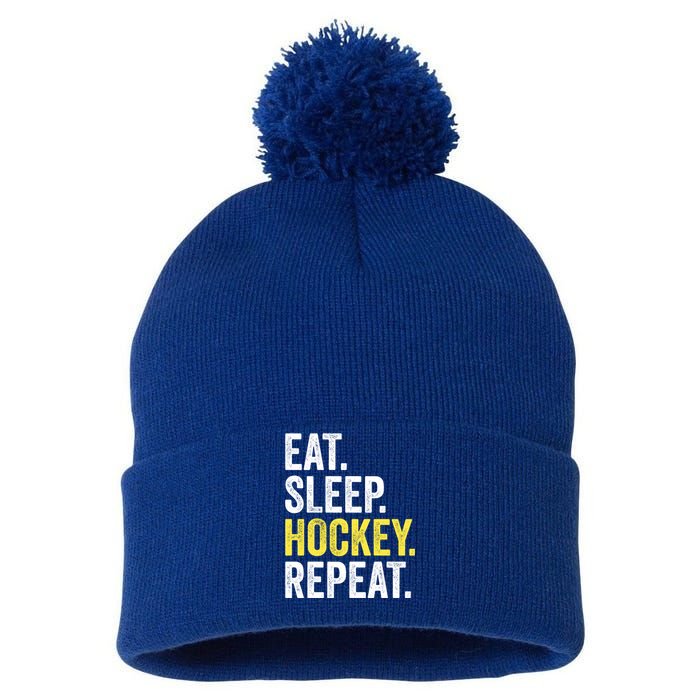 Eat Sleep Hockey Repeat Ice Hockey Fan Gift Pom Pom 12in Knit Beanie