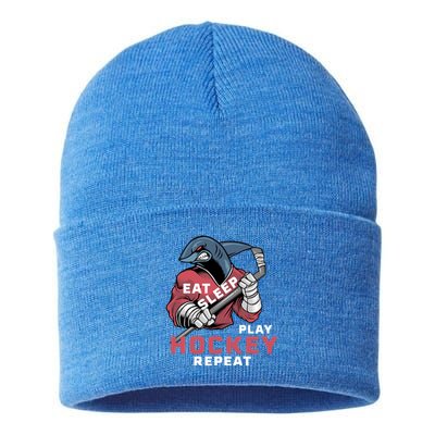 Eat Sleep Hockey Repeat Ice Sharkhockey Cool Gift Sustainable Knit Beanie