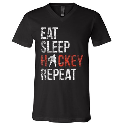 Eat Sleep Hockey Repeat Ice Hockey V-Neck T-Shirt