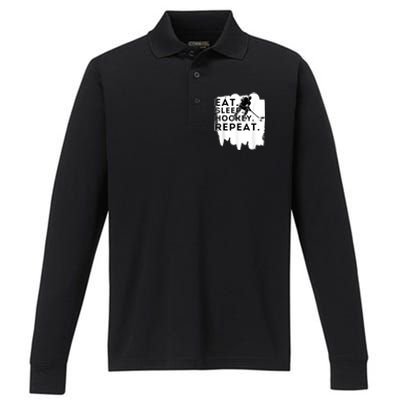 Eat Sleep Hockey Repeat Funny Ice Hockey Player Gift Performance Long Sleeve Polo