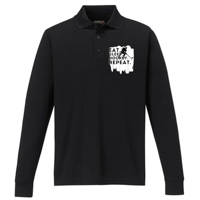 Eat Sleep Hockey Repeat Funny Ice Hockey Player Gift Performance Long Sleeve Polo