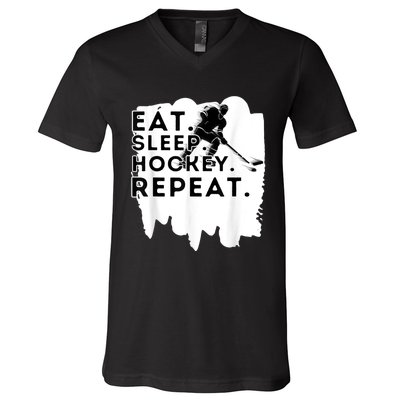 Eat Sleep Hockey Repeat Funny Ice Hockey Player Gift V-Neck T-Shirt