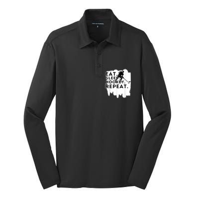 Eat Sleep Hockey Repeat Funny Ice Hockey Player Gift Silk Touch Performance Long Sleeve Polo