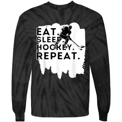 Eat Sleep Hockey Repeat Funny Ice Hockey Player Gift Tie-Dye Long Sleeve Shirt