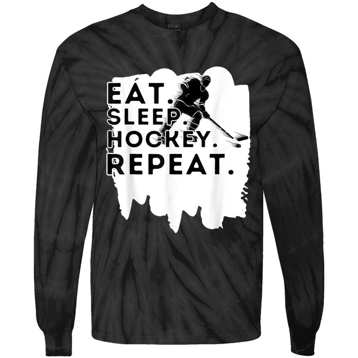 Eat Sleep Hockey Repeat Funny Ice Hockey Player Gift Tie-Dye Long Sleeve Shirt