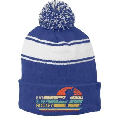 Eat Sleep Hockey Player And Fan Gift Stripe Pom Pom Beanie