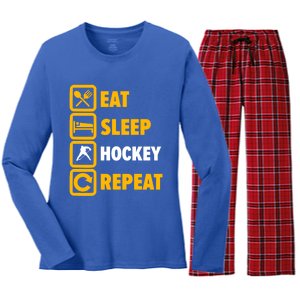 Eat Sleep Hockey Repeat Hockey Player Great Gift Women's Long Sleeve Flannel Pajama Set 