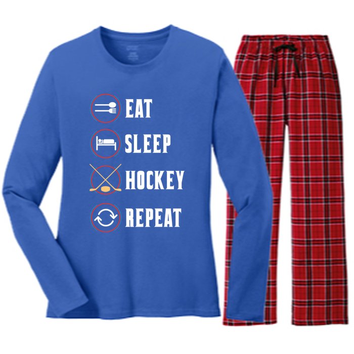 Eat Sleep Hockey Repeat Sport Hockey Player Goalie Hockey Gift Women's Long Sleeve Flannel Pajama Set 