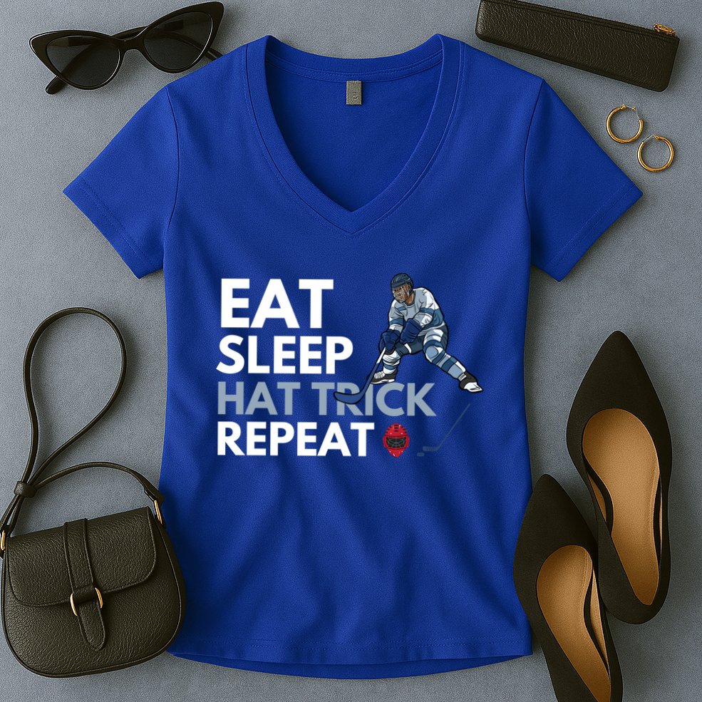 Eat Sleep Hat Trick Repeat Funny Soccer Hockey Design Gift Women's V-Neck T-Shirt