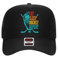 Eat Sleep Hockey Repeat Funny Hockey Player High Crown Mesh Back Trucker Hat