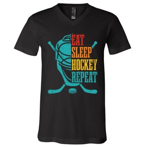 Eat Sleep Hockey Repeat Funny Hockey Player V-Neck T-Shirt