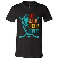 Eat Sleep Hockey Repeat Funny Hockey Player V-Neck T-Shirt