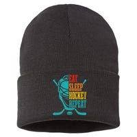 Eat Sleep Hockey Repeat Funny Hockey Player Sustainable Knit Beanie