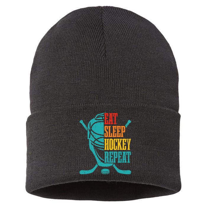 Eat Sleep Hockey Repeat Funny Hockey Player Sustainable Knit Beanie