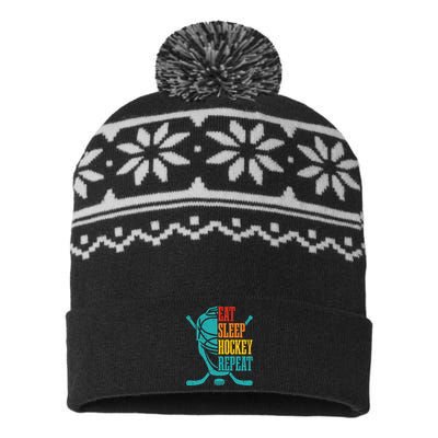 Eat Sleep Hockey Repeat Funny Hockey Player USA-Made Snowflake Beanie