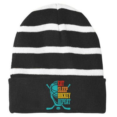 Eat Sleep Hockey Repeat Funny Hockey Player Striped Beanie with Solid Band