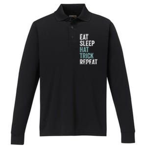 Eat Sleep Hat Trick Repeat Funny Soccer Hockey Funny Gift Performance Long Sleeve Polo