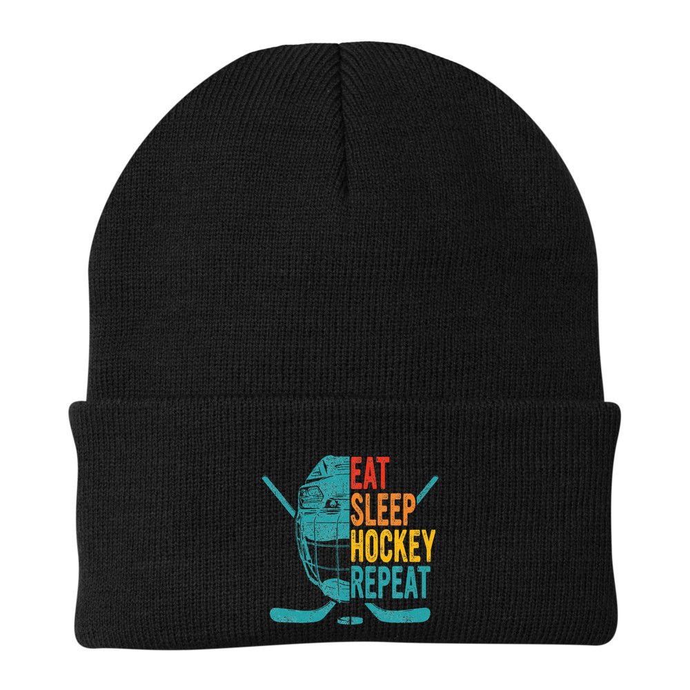 Eat Sleep Hockey Repeat Hockey Funny Ice Hockey Beanie
