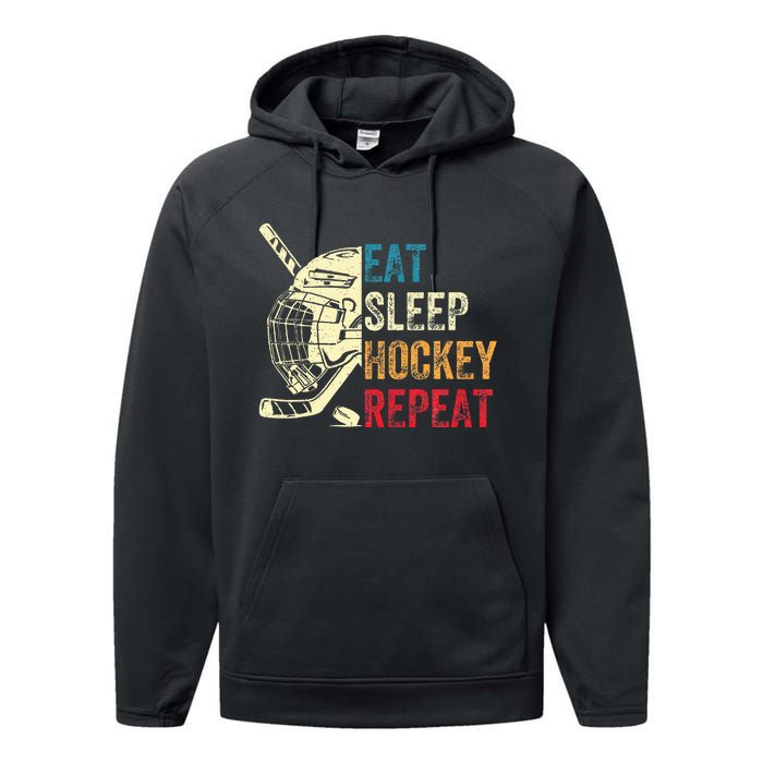 Eat Sleep Hockey Repeat Ice Hockey Retro Vintage Performance Fleece Hoodie