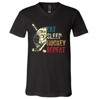 Eat Sleep Hockey Repeat Ice Hockey Retro Vintage V-Neck T-Shirt