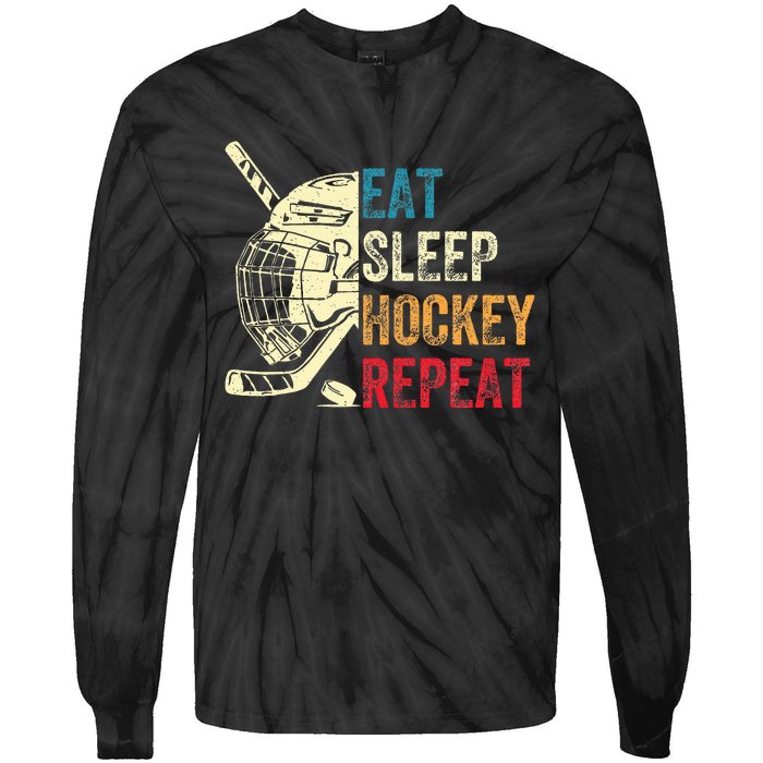 Eat Sleep Hockey Repeat Ice Hockey Retro Vintage Tie-Dye Long Sleeve Shirt