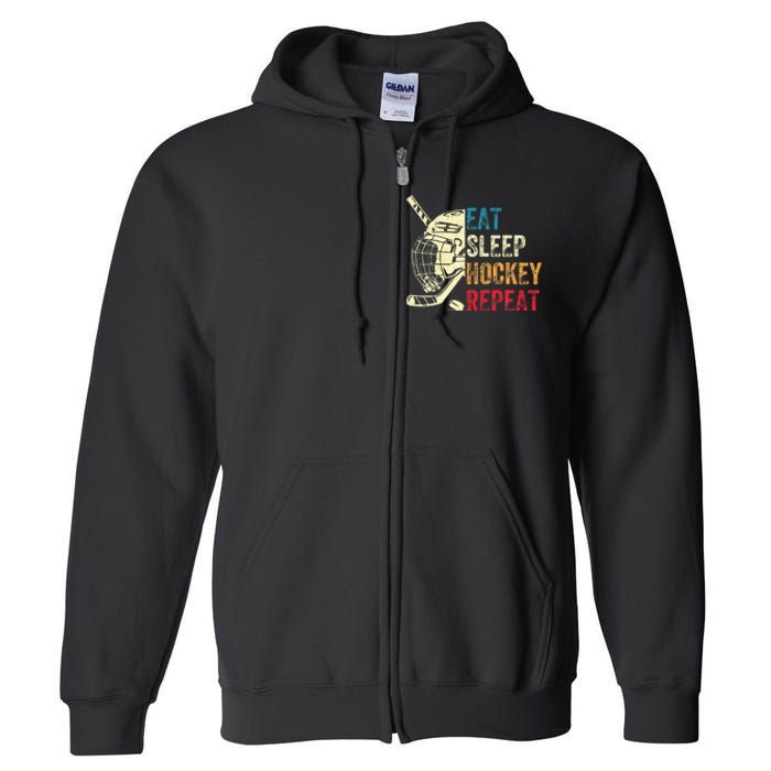 Eat Sleep Hockey Repeat Ice Hockey Retro Vintage Full Zip Hoodie