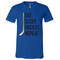 Eat Sleep Hockey Repeat Funny Ice Hockey Gift V-Neck T-Shirt