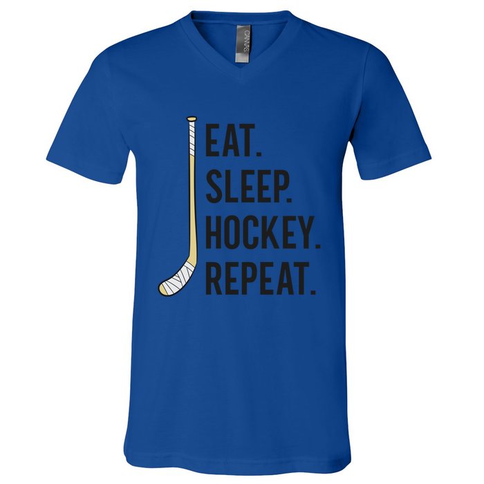 Eat Sleep Hockey Repeat Funny Ice Hockey Gift V-Neck T-Shirt