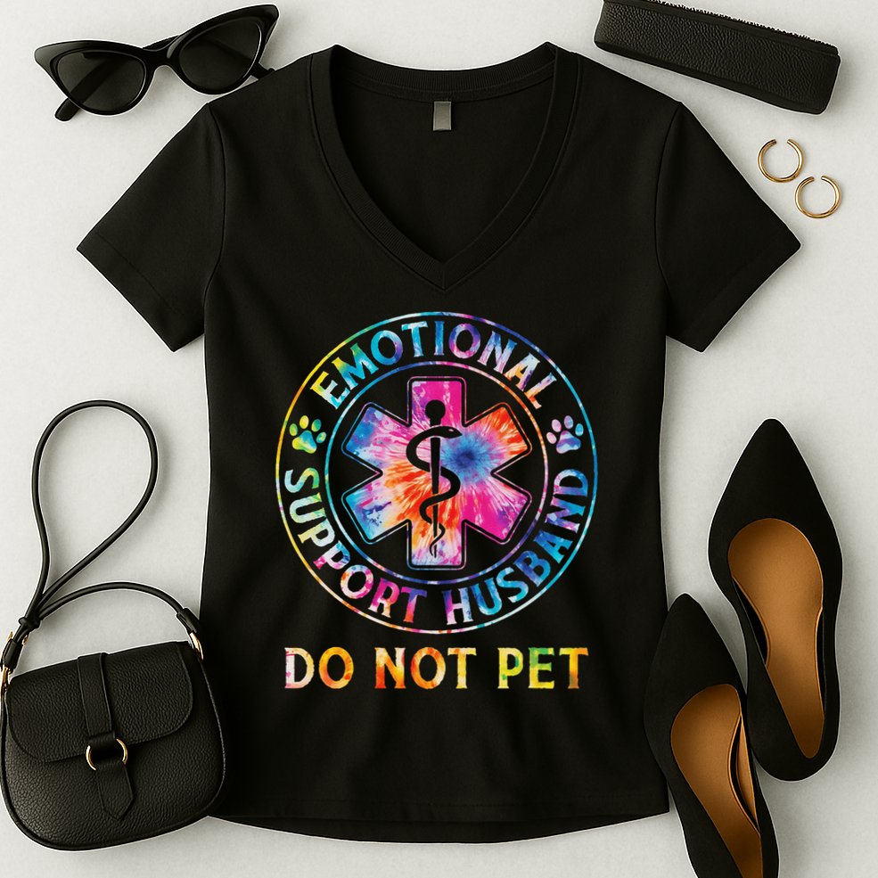 Emotional Support Husband Do Not Pet Tie Dye Funny Marriage Women's V-Neck T-Shirt