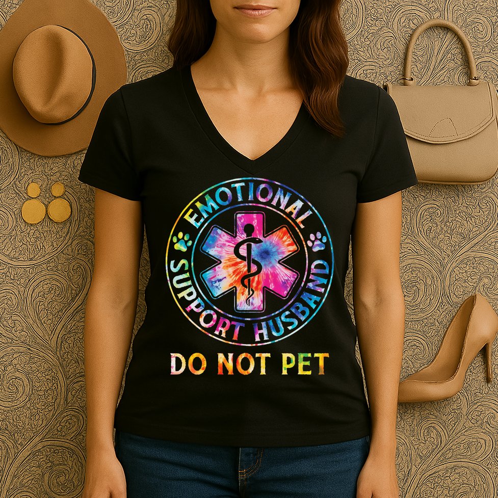 Emotional Support Husband Do Not Pet Tie Dye Funny Marriage Women's V-Neck T-Shirt