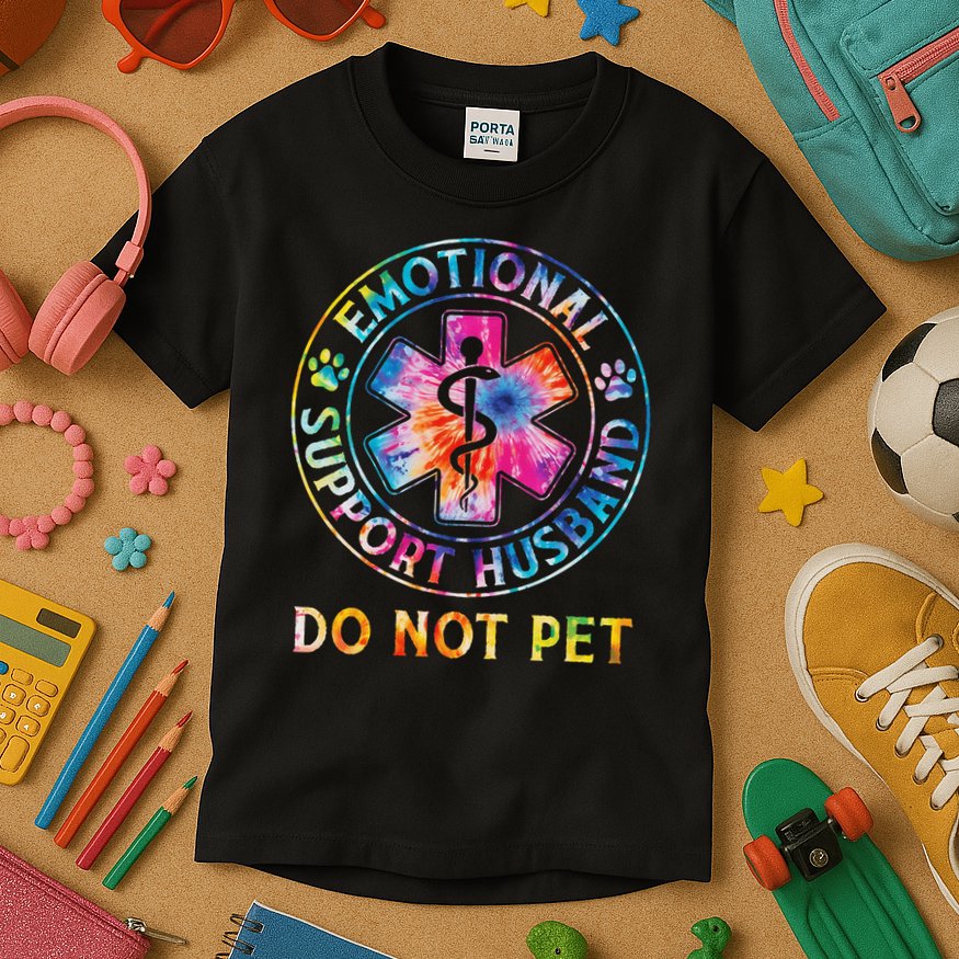 Emotional Support Husband Do Not Pet Tie Dye Funny Marriage Kids T-Shirt