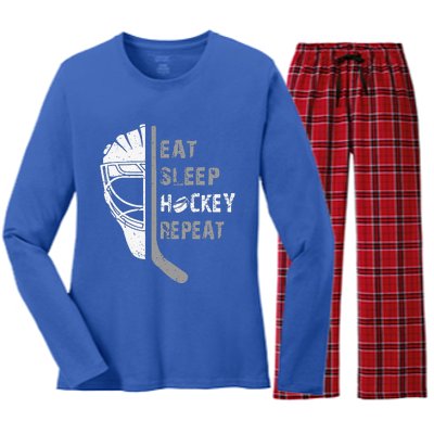 Eat Sleep Hockey Repeat Christmas Forn Lover Hockey Women's Long Sleeve Flannel Pajama Set 