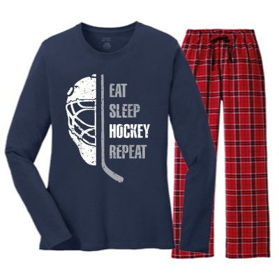 Eat Sleep Hockey Repeat Hockey Funny Ice Hockey Women's Long Sleeve Flannel Pajama Set 