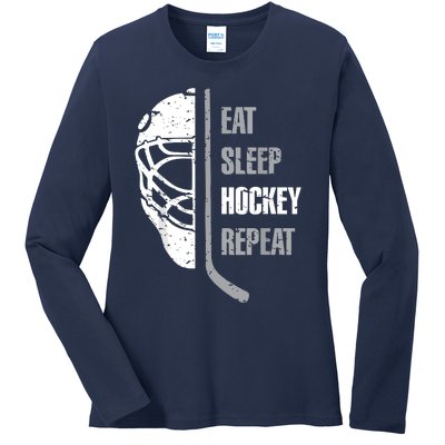 Eat Sleep Hockey Repeat Hockey Funny Ice Hockey Ladies Long Sleeve Shirt