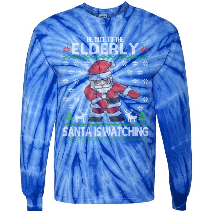 Elderly Santa Is Watching Grandma Grandpa Ugly Christmas Cute Gift Tie-Dye Long Sleeve Shirt