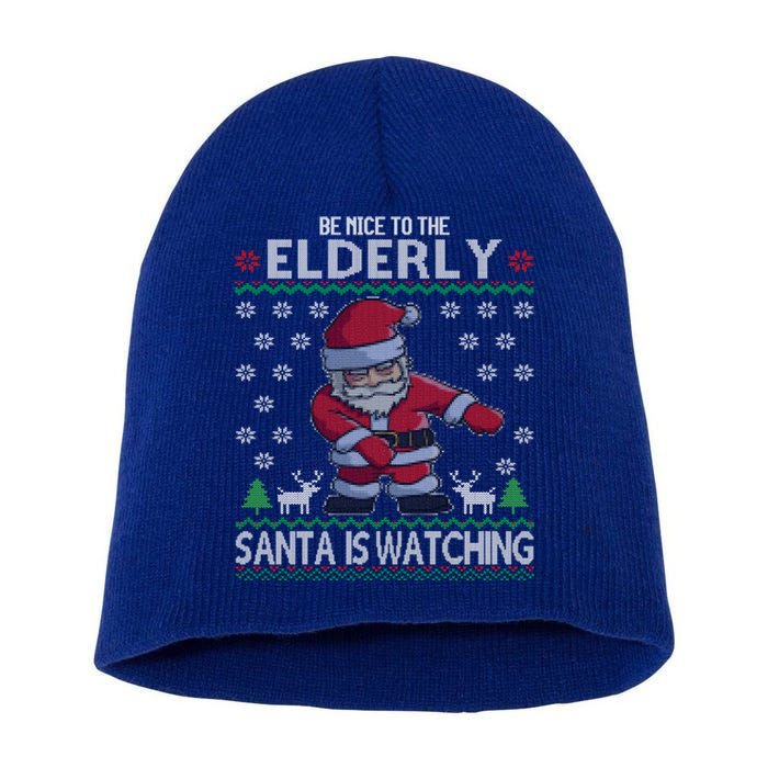 Elderly Santa Is Watching Grandma Grandpa Ugly Christmas Cute Gift Short Acrylic Beanie