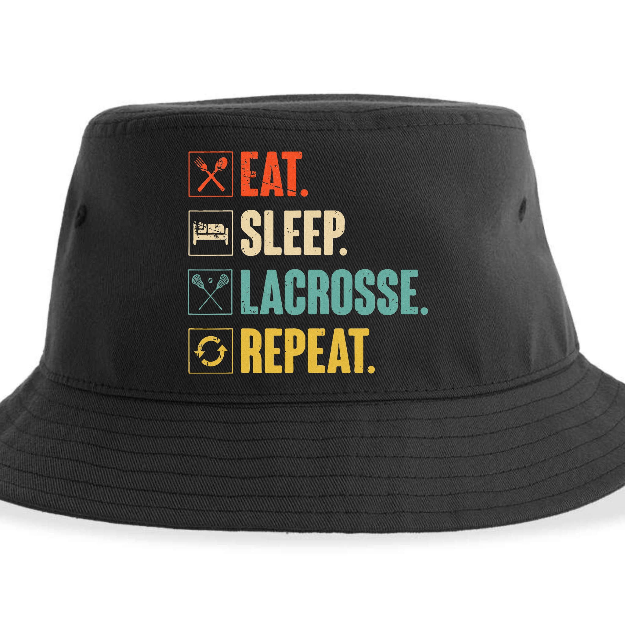 Eat Sleep Lacrosse Repeat Funny Retro Vintage LAX Team Gifts Sustainable Bucket Hat