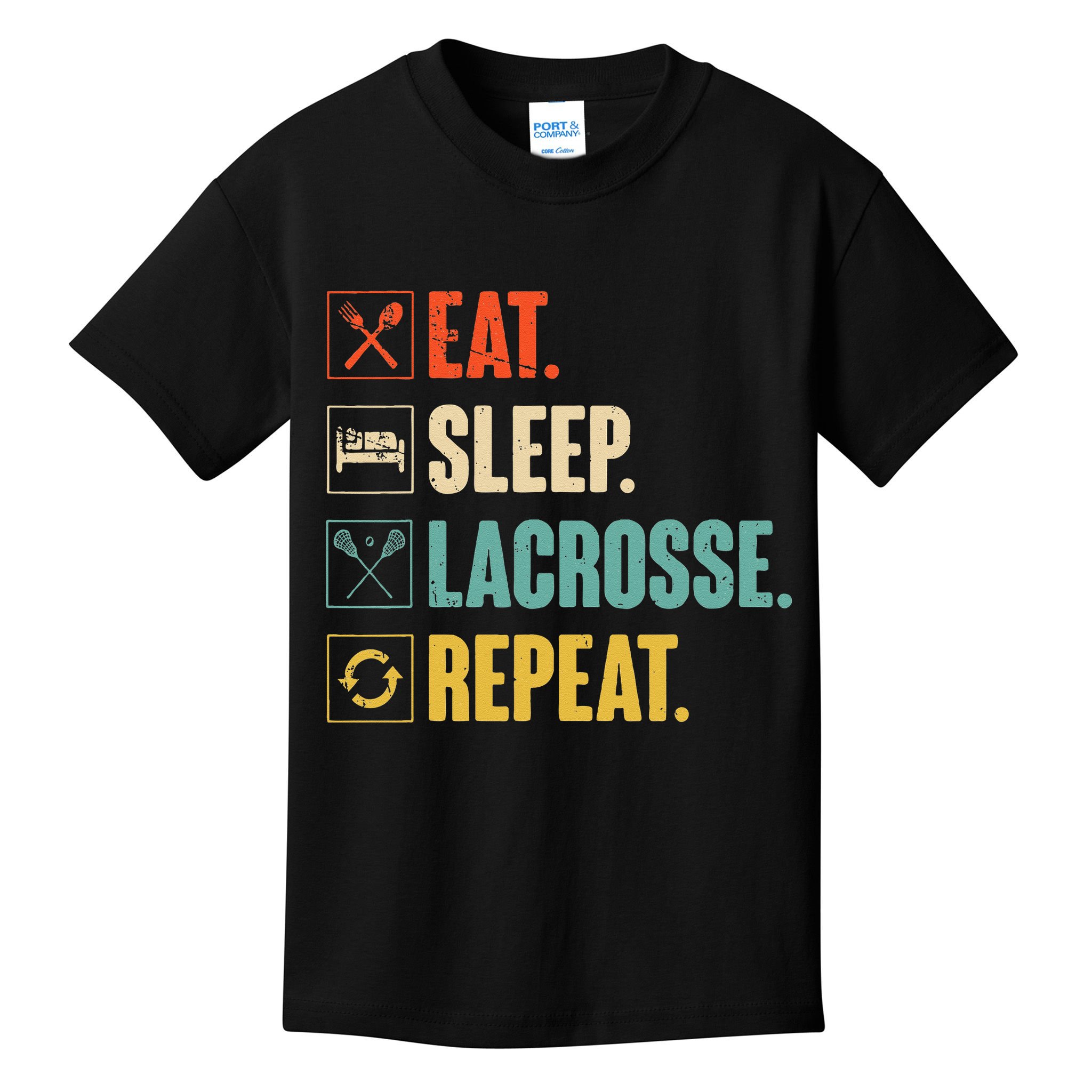 Eat Sleep Lacrosse Repeat Funny Retro Vintage LAX Team Gifts Kids T-Shirt
