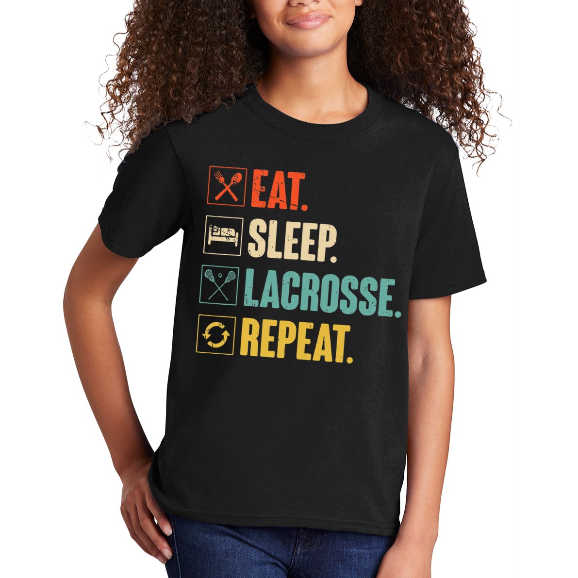 Eat Sleep Lacrosse Repeat Funny Retro Vintage LAX Team Gifts Kids T-Shirt
