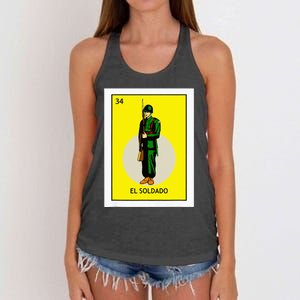 El Soldado Lottery The Soldier Card Mexican Lottery Cinco Women's Knotted Racerback Tank