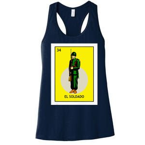 El Soldado Lottery The Soldier Card Mexican Lottery Cinco Women's Racerback Tank